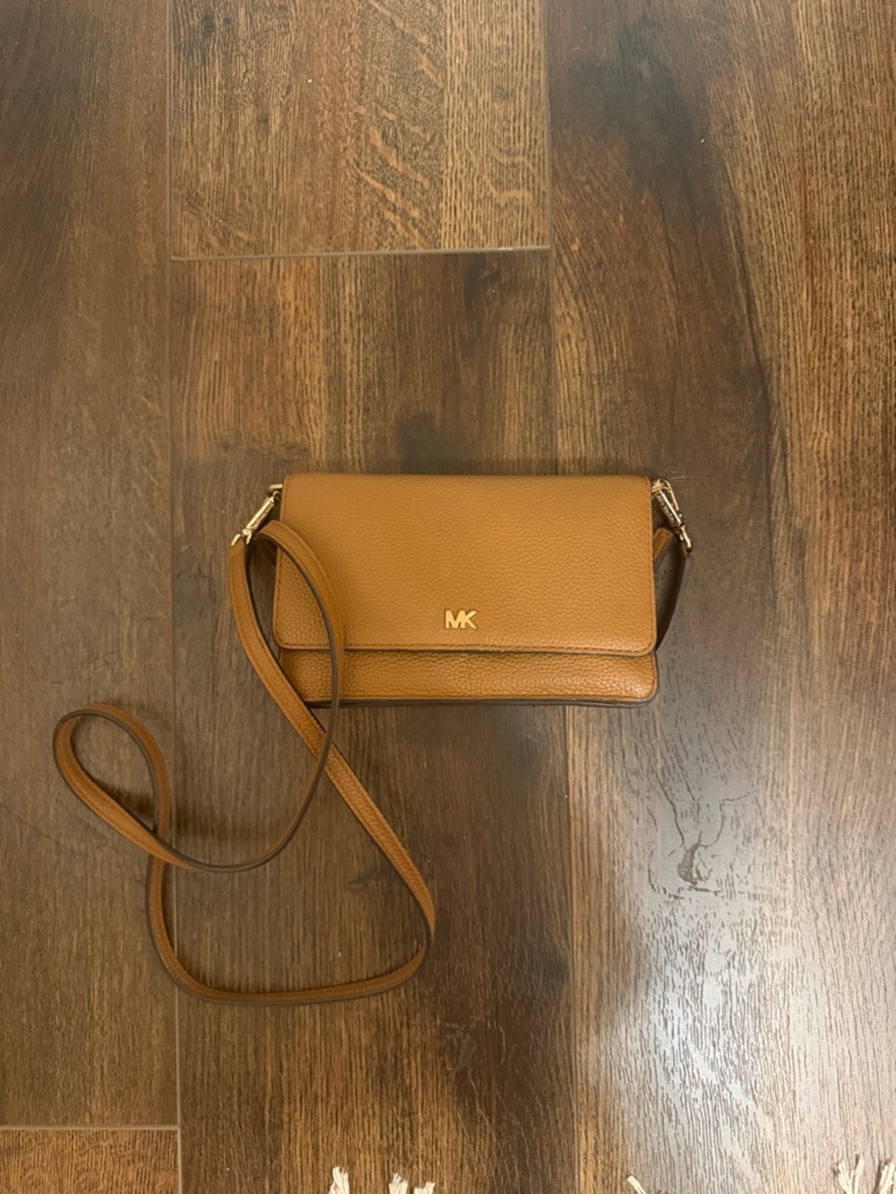 Michael Kors Cognac Pebbled Leather Crossbody with Gold MK Logo